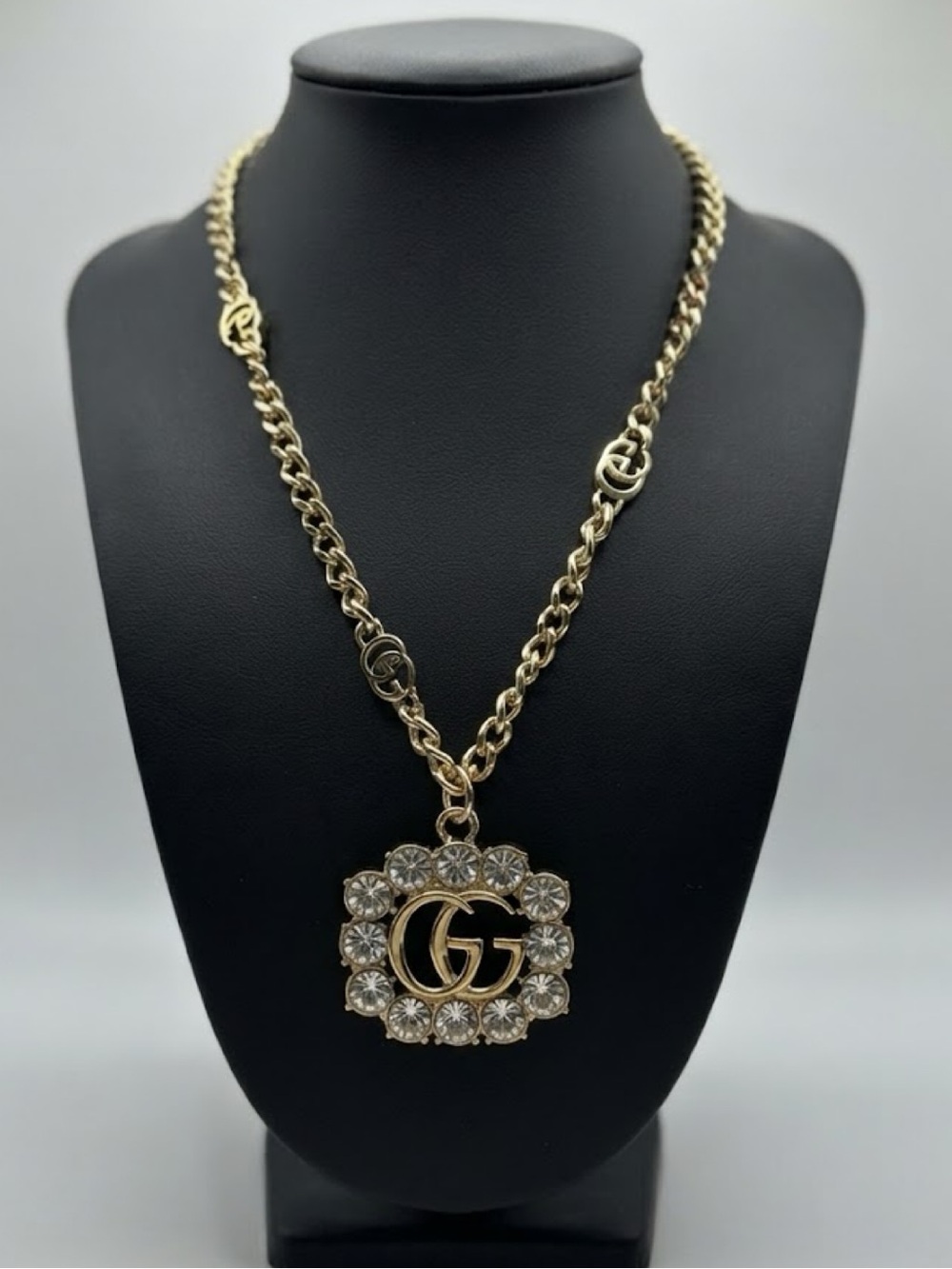 Brand New Gold Tone Crystal Double G Pendant Necklace - (Designer Style)